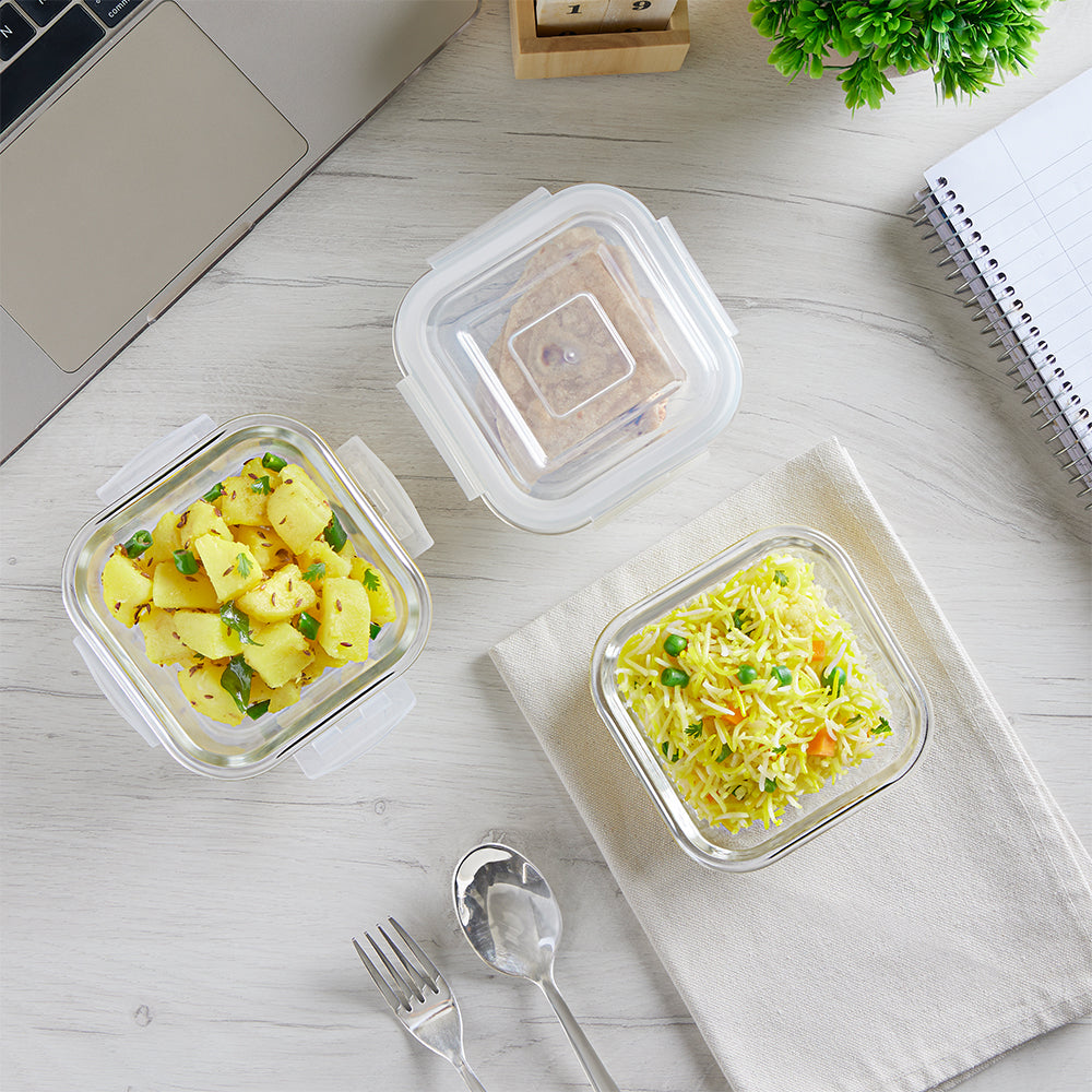 Borosil Foodluck Olive Glass Lunchbox, Square x 3
