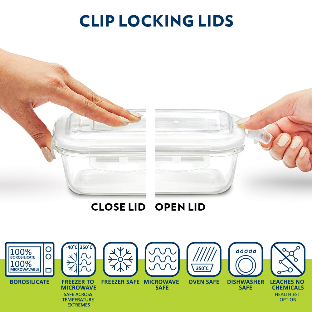 Borosil Foodluck Olive Glass Lunchbox, Square x 3