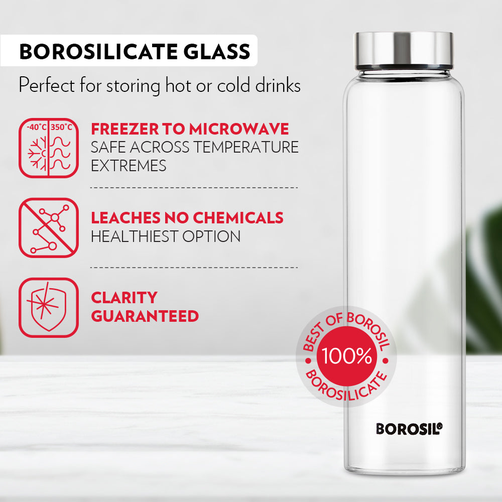 Borosil Crysto Glass Bottle Set of 3 - SS Lid