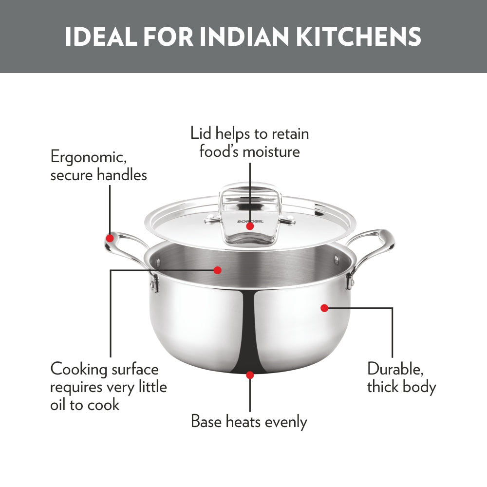 Borosil Cookfresh Triply Casserole (Steel Handle + Lid)