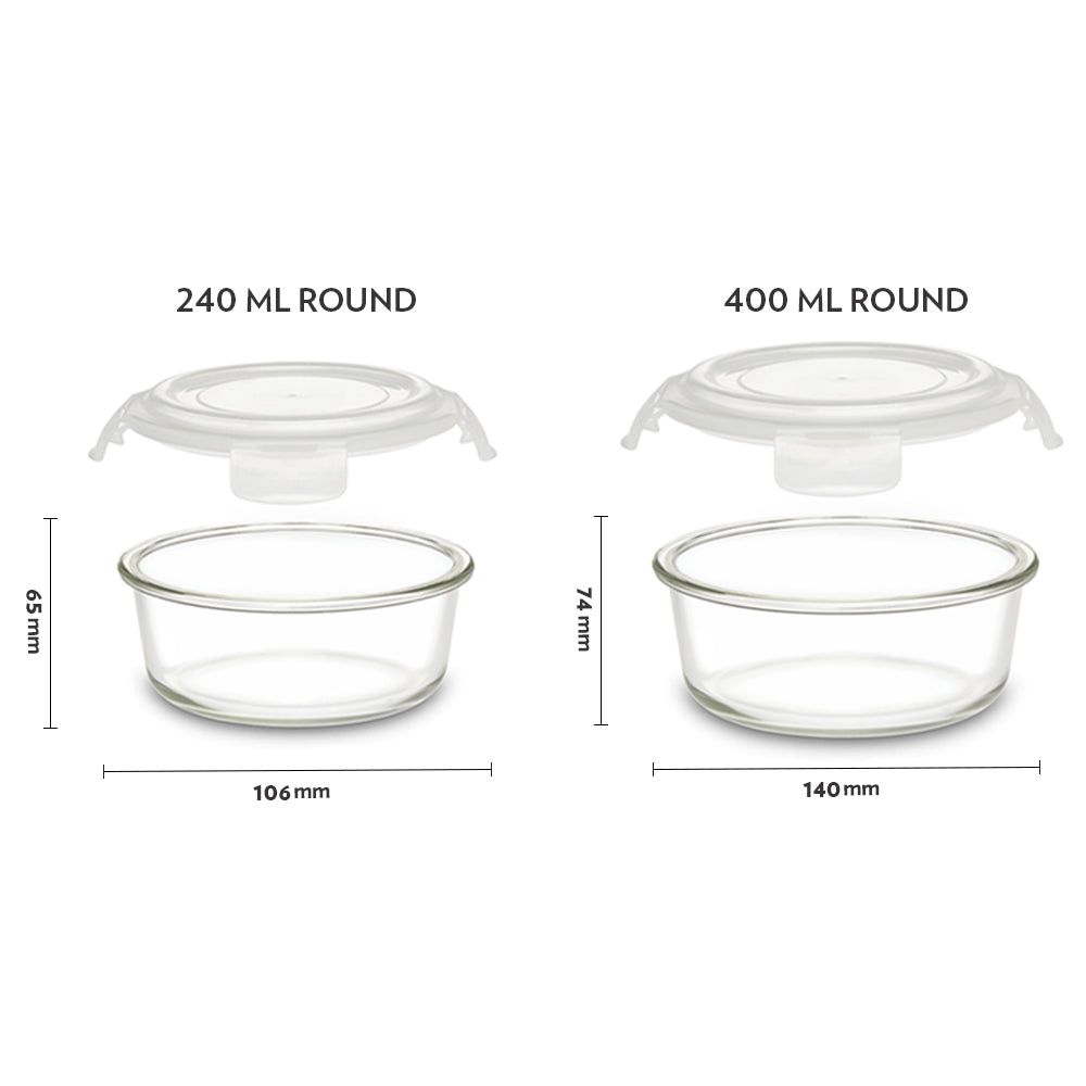 Borosil Blue Glass Lunchbox, Round x 4