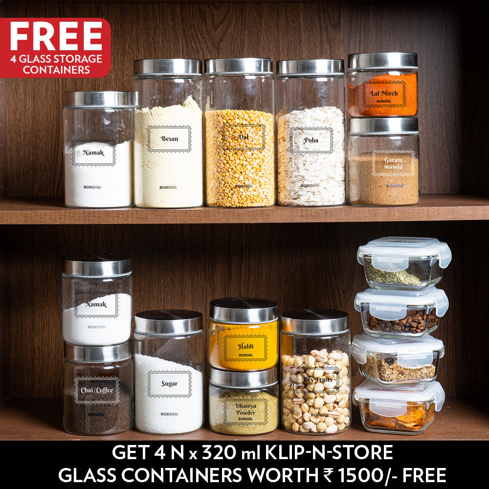 Borosil Borosilicate Set of 12 Endura Jars - Labelled Storage Jars 3 x (300 ml + 600 ml + 900 ml + 1.2 L)