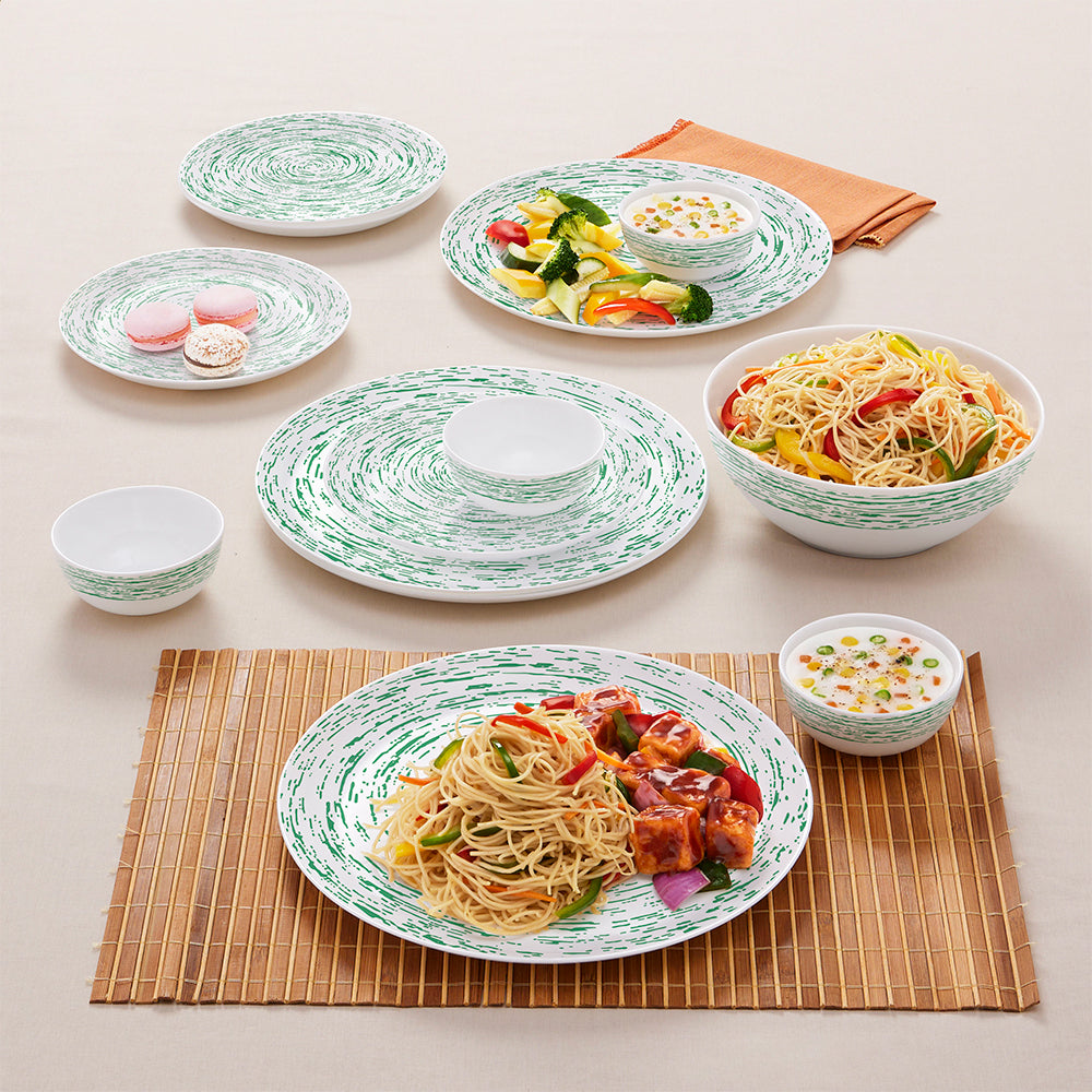 Larah by Borosil, Opalware, Microwave Safe, Green Nova Dinner Set (Serves 4,6,8)