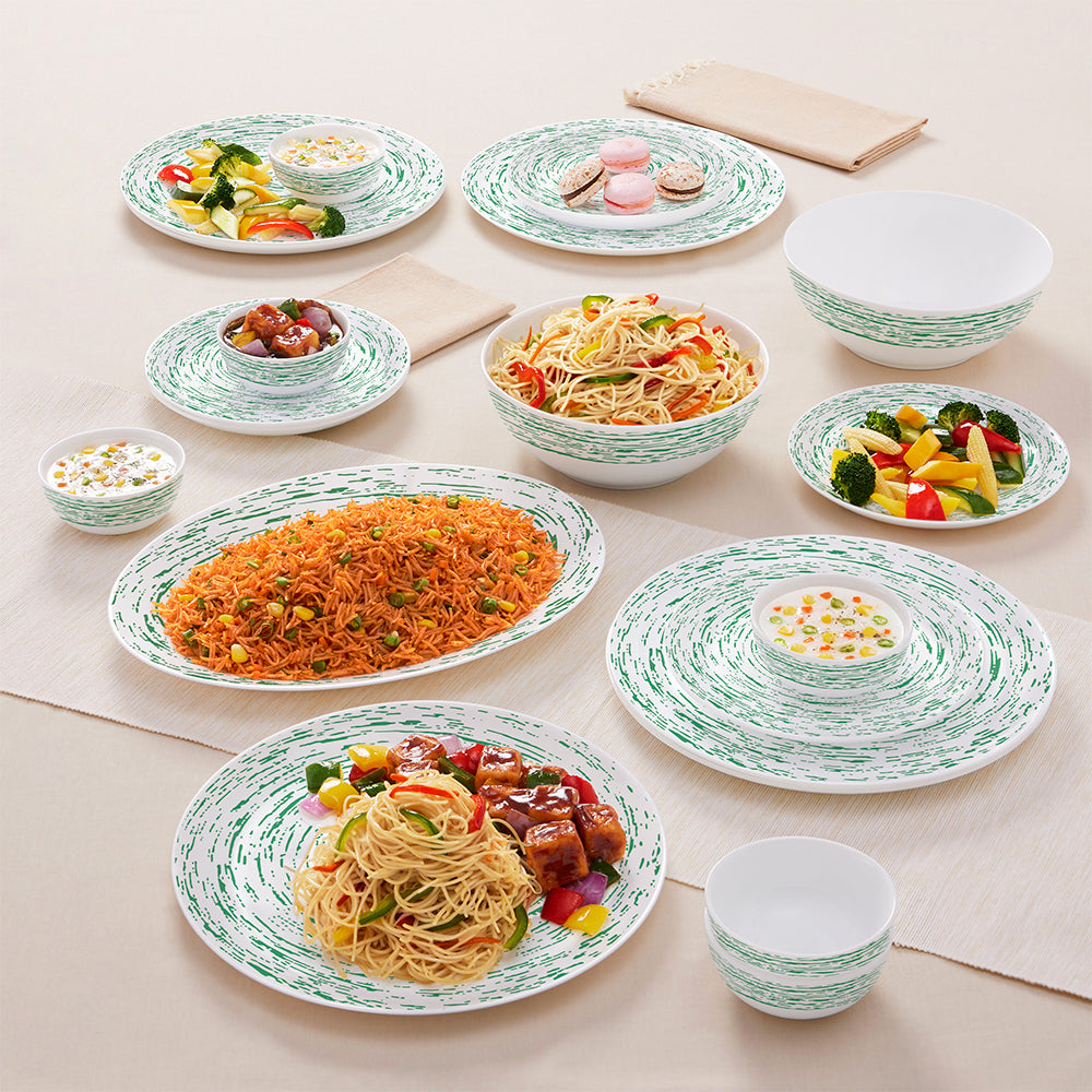 Larah by Borosil, Opalware, Microwave Safe, Green Nova Dinner Set (Serves 4,6,8)