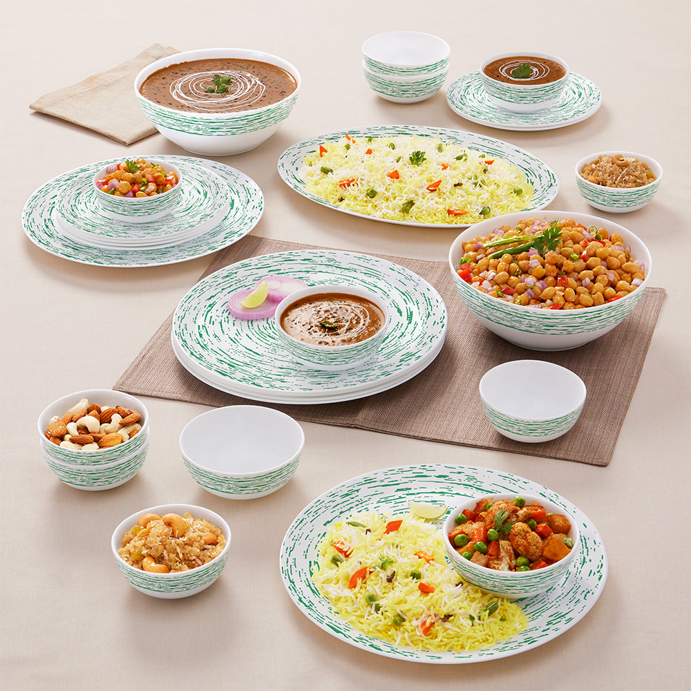 Larah by Borosil, Opalware, Microwave Safe, Green Nova Dinner Set (Serves 4,6,8)