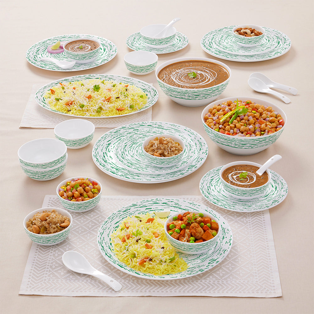 Larah by Borosil, Opalware, Microwave Safe, Green Nova Dinner Set (Serves 4,6,8)