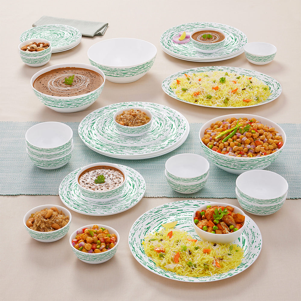 Larah by Borosil, Opalware, Microwave Safe, Green Nova Dinner Set (Serves 4,6,8)