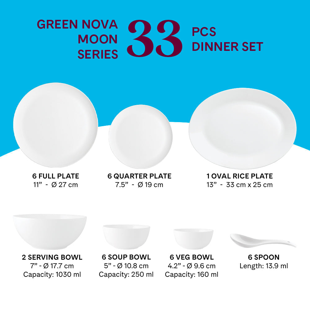 Larah by Borosil, Opalware, Microwave Safe, Green Nova Dinner Set (Serves 4,6,8)