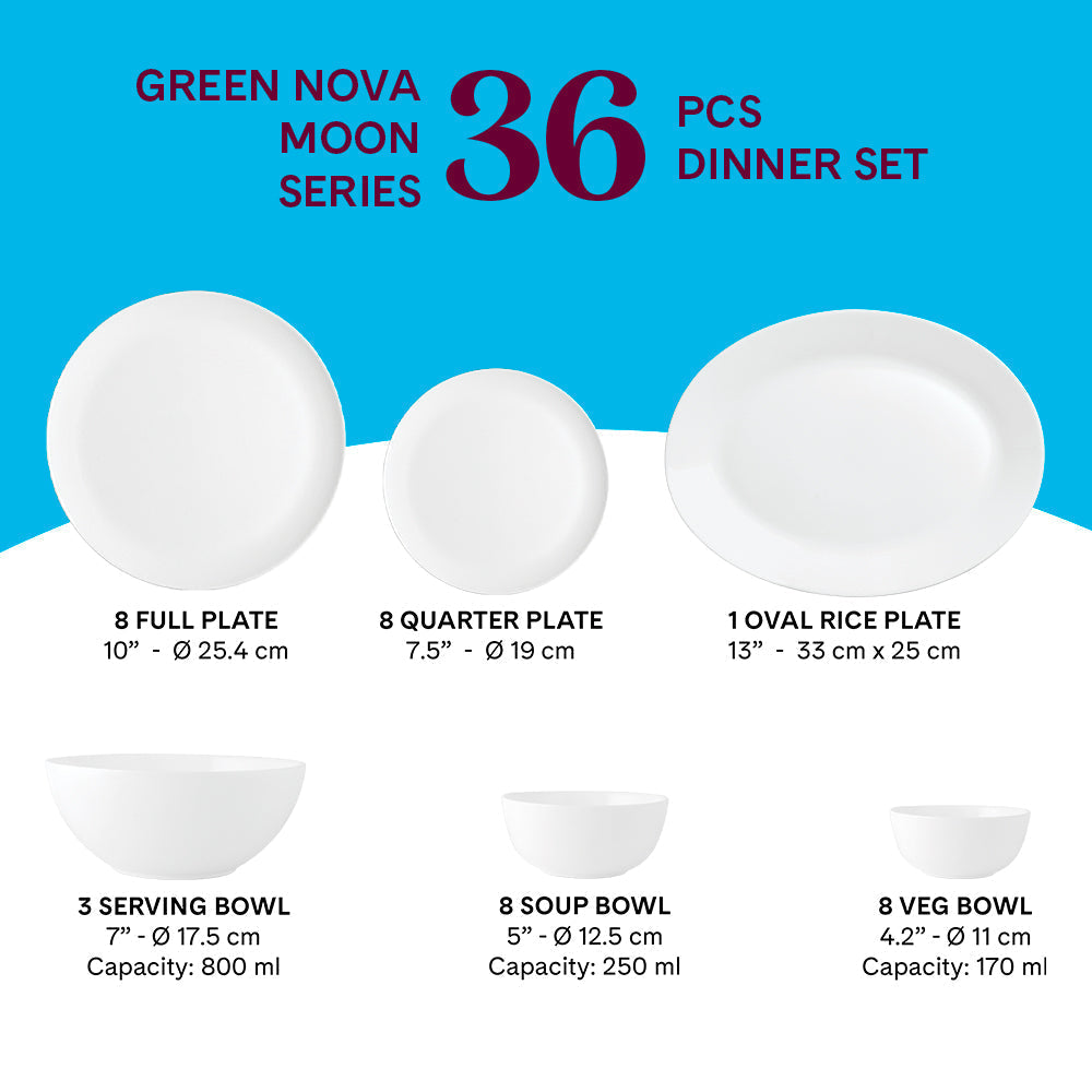 Larah by Borosil, Opalware, Microwave Safe, Green Nova Dinner Set (Serves 4,6,8)