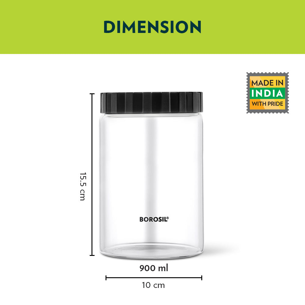 Borosil Endura Airtight Glass Jar, Black Lid