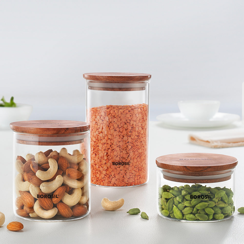 Borosil Classic Jar with Wooden Lid, Set of 3
