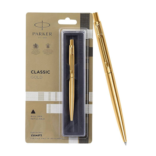 Gold Parker pen with packaging on a white background