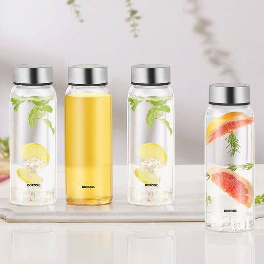 Borosil Crysto Wide Mouth Glass Water Bottle with Stainless Steel Lid, 750ml - Set of 4