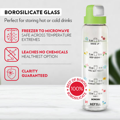 Borosil AM - PM Glass Bottle w Husk Lid, Green