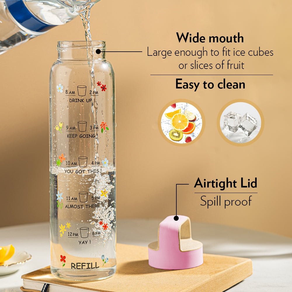 Borosil AM - PM Glass Bottle w Husk Lid, Pink