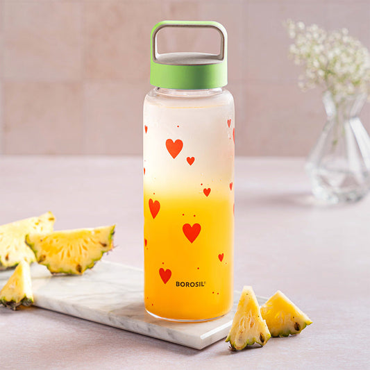 Borosil All Hearts Glass Bottle w Husk Lid