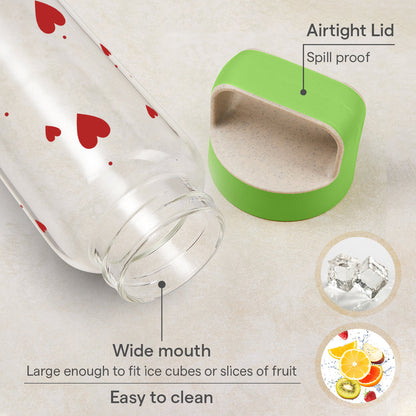 Borosil All Hearts Glass Bottle w Husk Lid