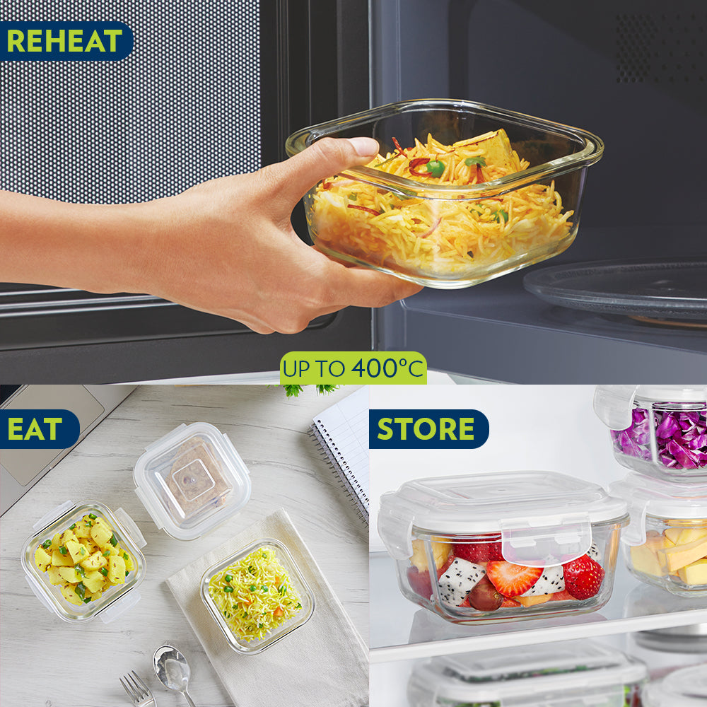 Borosil Foodluck Olive Glass Lunchbox, Square x 3