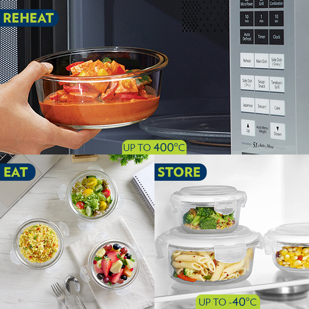 Borosil Foodluck Olive Glass Lunchbox, Round x 3
