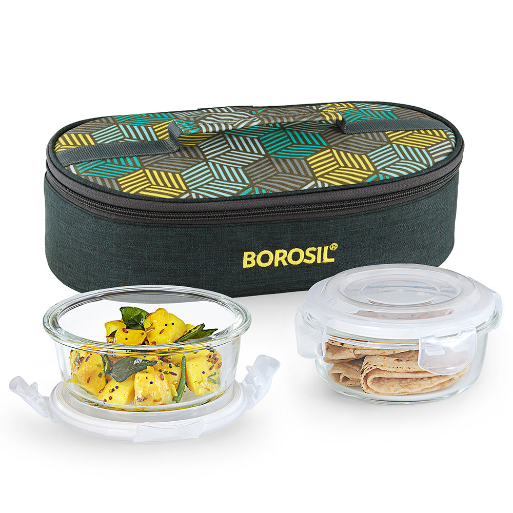 Borosil Foodluck Olive Glass Lunchbox, Round x 2 (Flat)