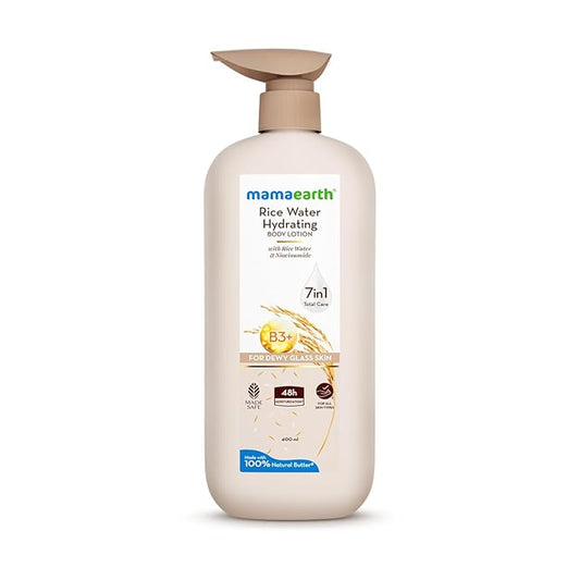 Mamaearth Rice Water Hydrating Body Lotion with Rice Water & Niacinamide for Dewy Glass Skin | 48 Hrs Moisturizating & Nourishing | For Dry Skin | 7in1 Total Care | 100% Natural Butter | Non Greasy Smooth Skin | 400 ml