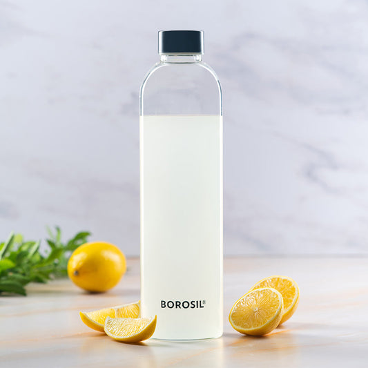 Borosil Crysto Slim Glass Bottle - Black Lid