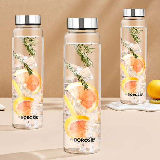 Borosil Crysto Glass Bottle Set of 3 - SS Lid