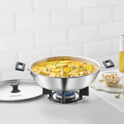 Borosil Cookfresh Triply Kadhai (Silicone Handle + Lid)