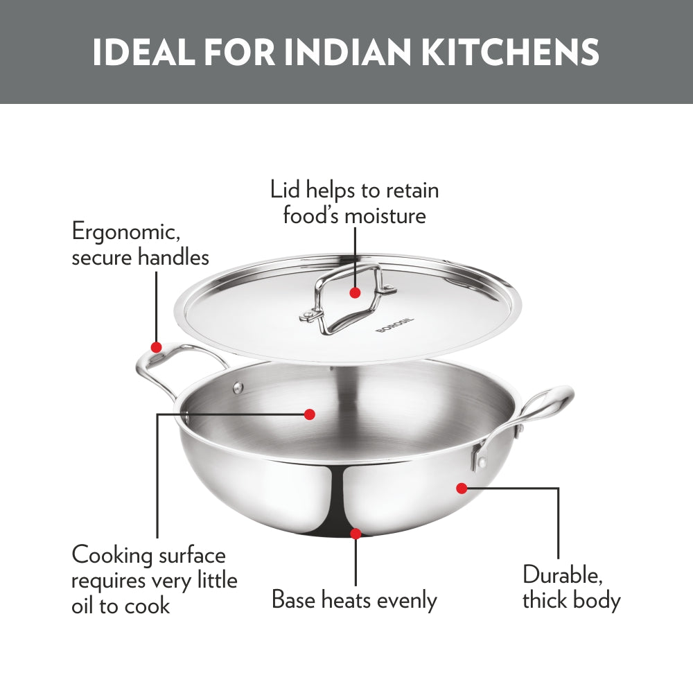 Borosil Cookfresh Triply Kadhai (SS Handle + Lid)