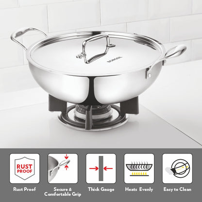 Borosil Cookfresh Triply Kadhai (SS Handle + Lid)