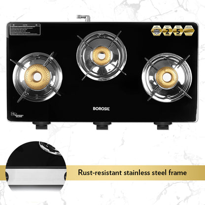 Borosil Blaze Glass-top Gas stove, 3 Burners