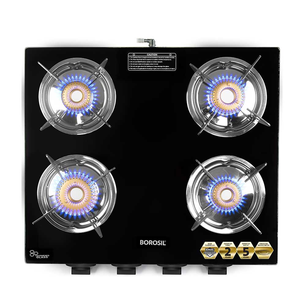 Borosil Blaze Glass-top Gas Stove, 4 Burners