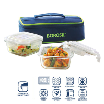 Borosil Blue Glass Lunchbox, Square x 2 (Flat)