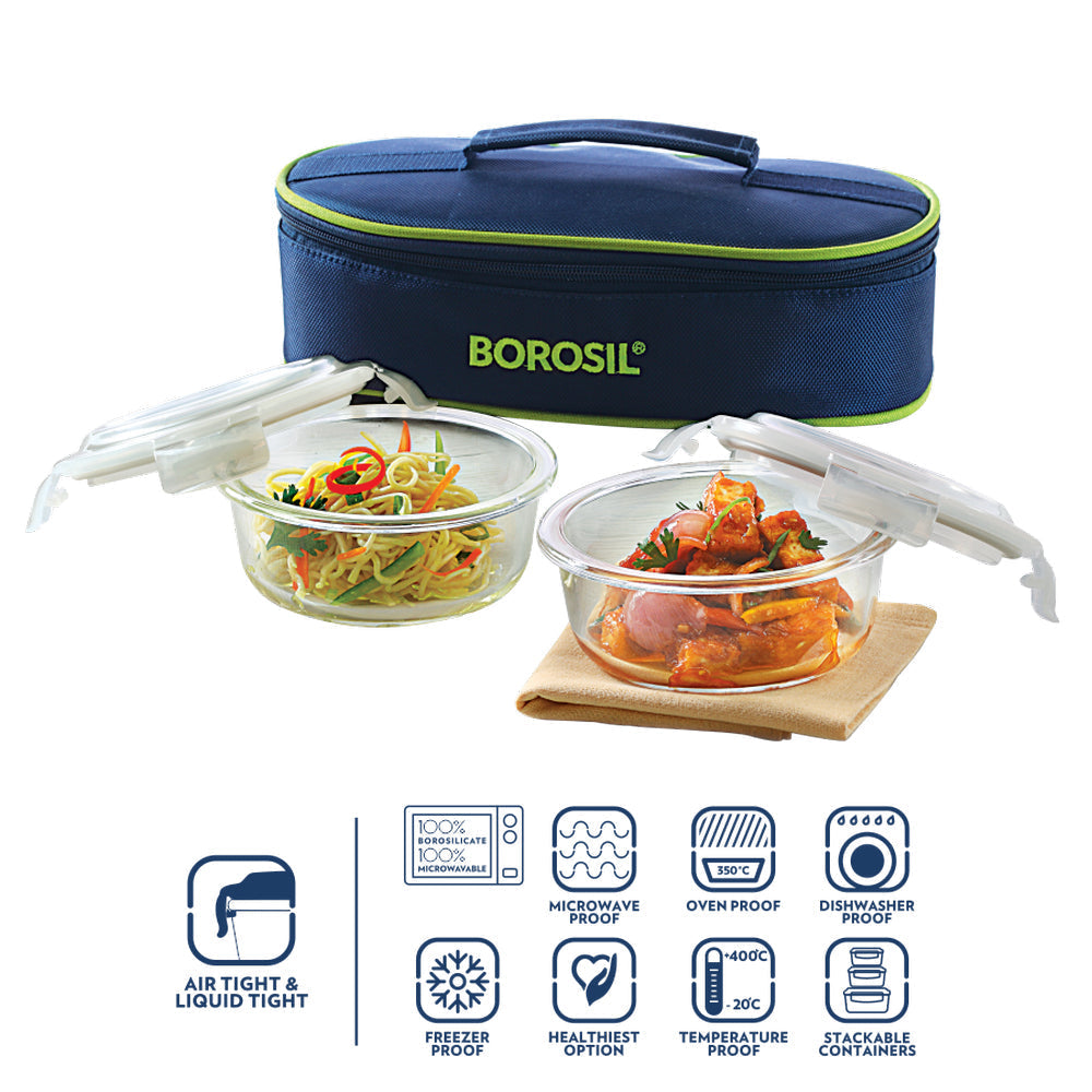 Borosil Blue Glass Lunchbox, Round x 2 (Flat)