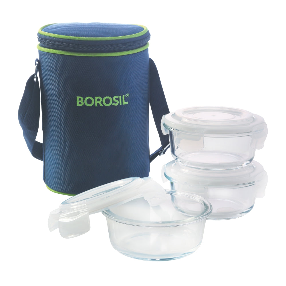 Borosil Blue Glass Lunchbox, Round x 3