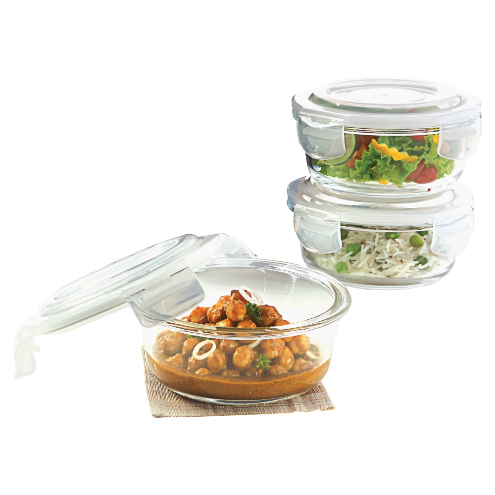 Borosil Blue Glass Lunchbox, Round x 3