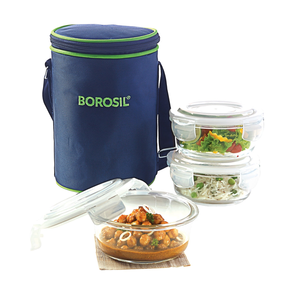 Borosil Blue Glass Lunchbox, Round x 3