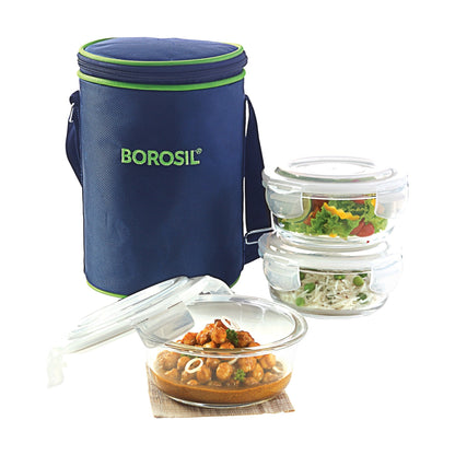 Borosil Blue Glass Lunchbox, Round x 3