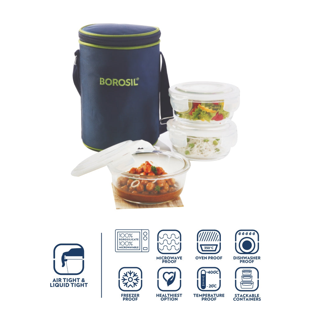 Borosil Blue Glass Lunchbox, Round x 3