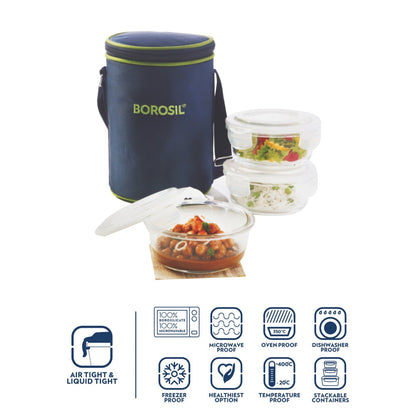 Borosil Blue Glass Lunchbox, Round x 3