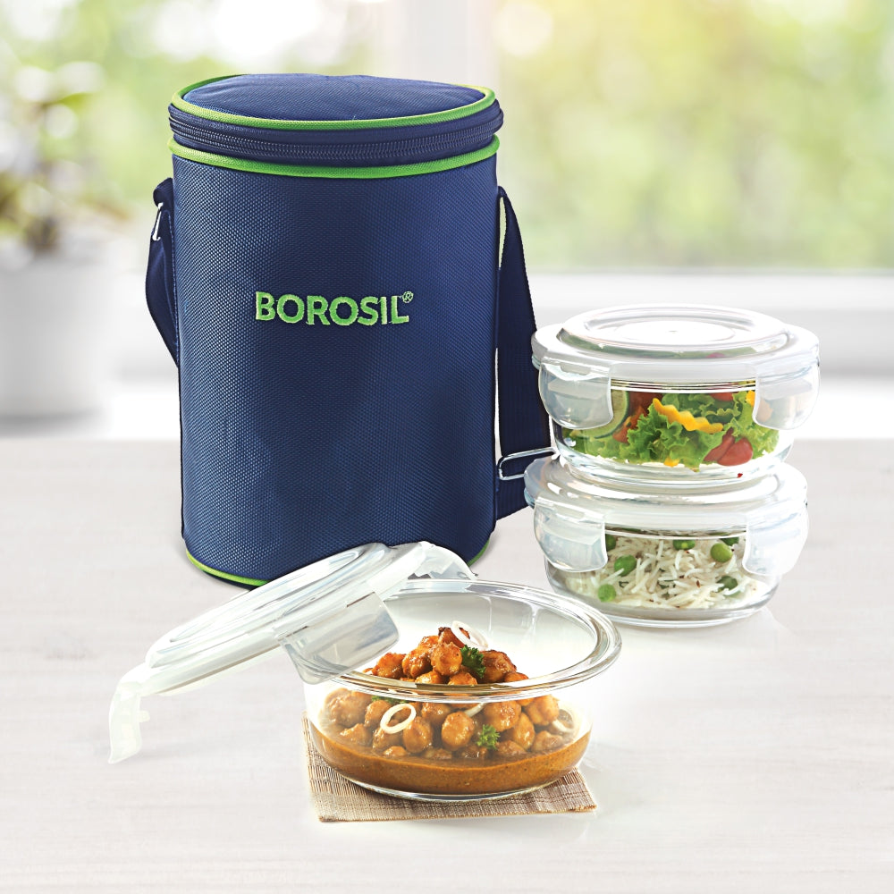 Borosil Blue Glass Lunchbox, Round x 3