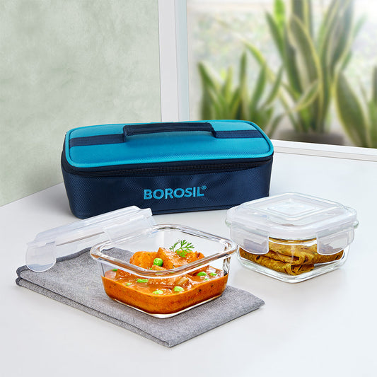 Alfa Blue Glass Lunch Box, Square x 2 (Flat)