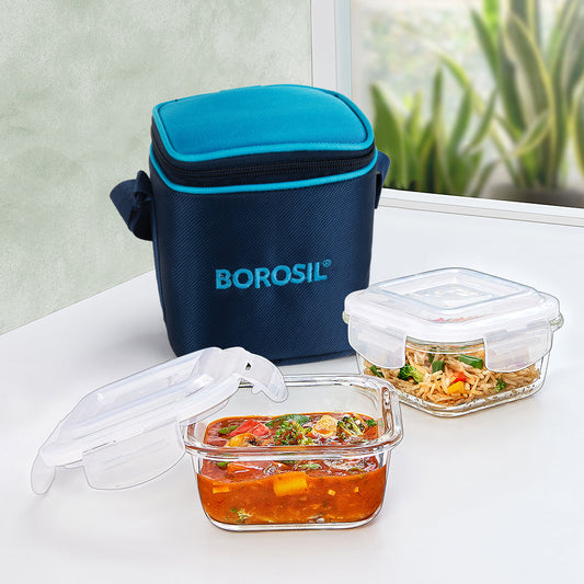 Alfa Blue Glass Lunch Box, Square x 2 (Tall)