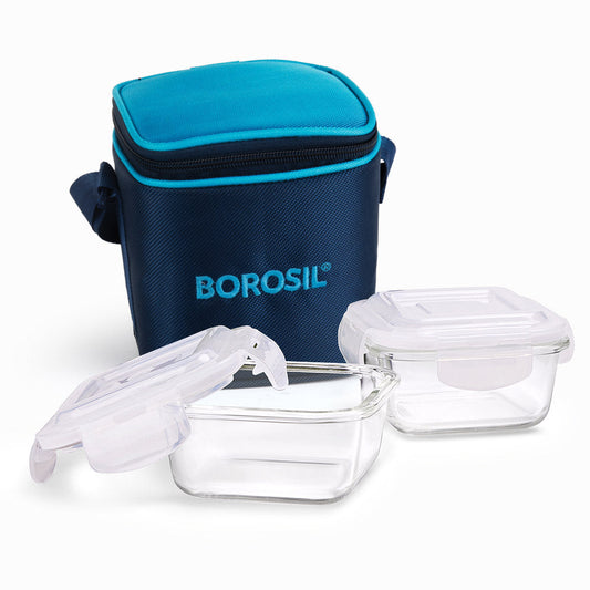 Alfa Blue Glass Lunch Box, Square x 2 (Tall)
