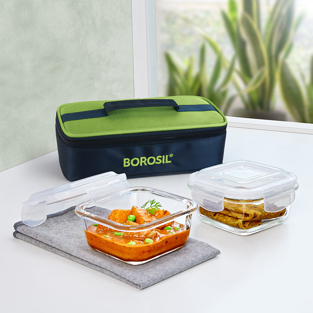Alfa Green Glass Lunch Box, Square x 2 (Flat)