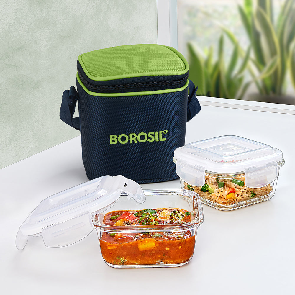 Alfa Green Glass Lunch Box, Square x 2 (Tall)