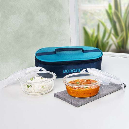 Alfa Blue Glass Lunch Box, Round x 2 (Flat)