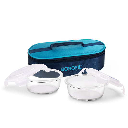 Alfa Blue Glass Lunch Box, Round x 2 (Flat)