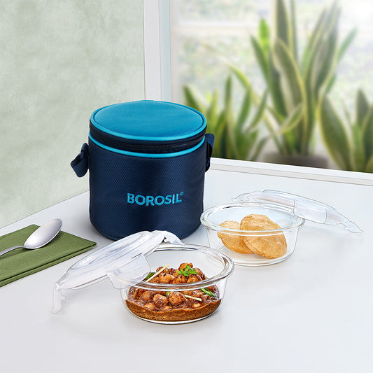 Alfa Blue Glass Lunch Box, Round x 2 (Tall)