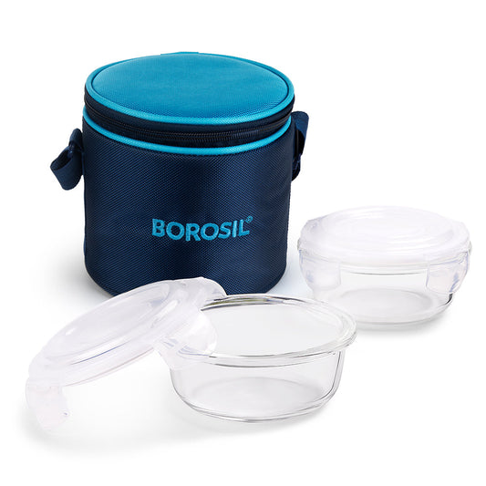 Alfa Blue Glass Lunch Box, Round x 2 (Tall)